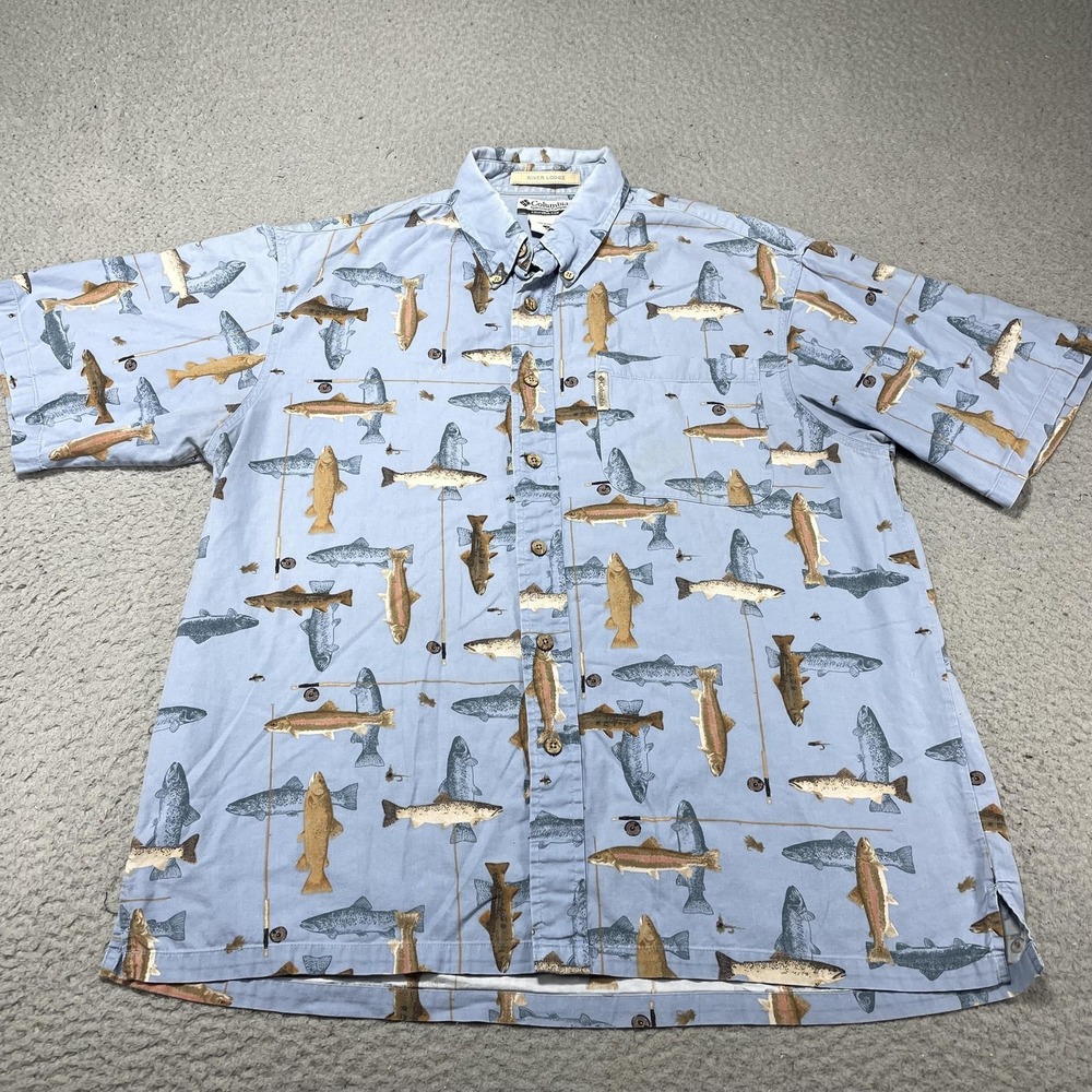 Columbia Shirt Mens Large Blue River Lodge Fish Print Short Sleeve‎ Button Up